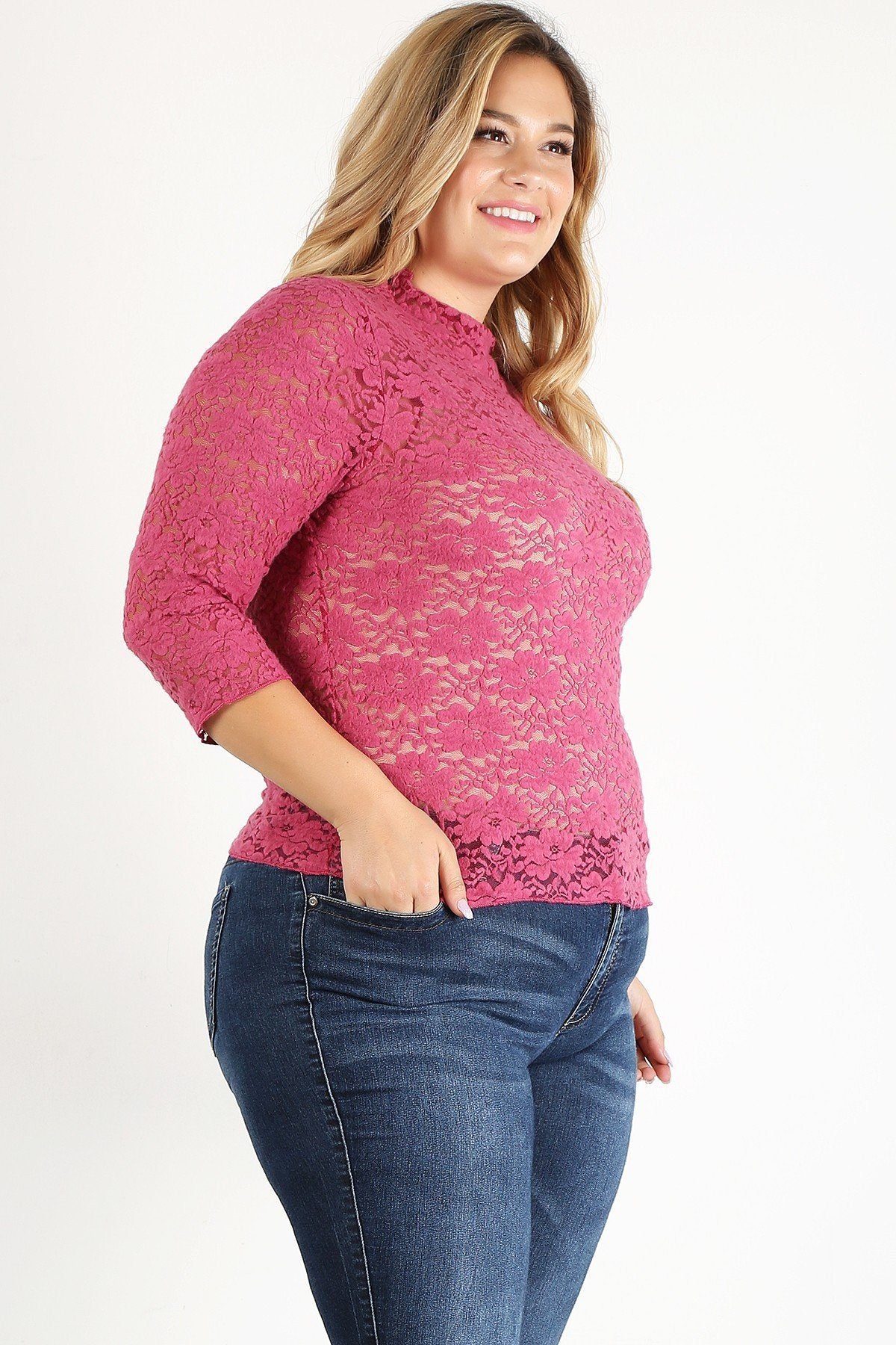 Plus Size Sheer Lace Fitted Top