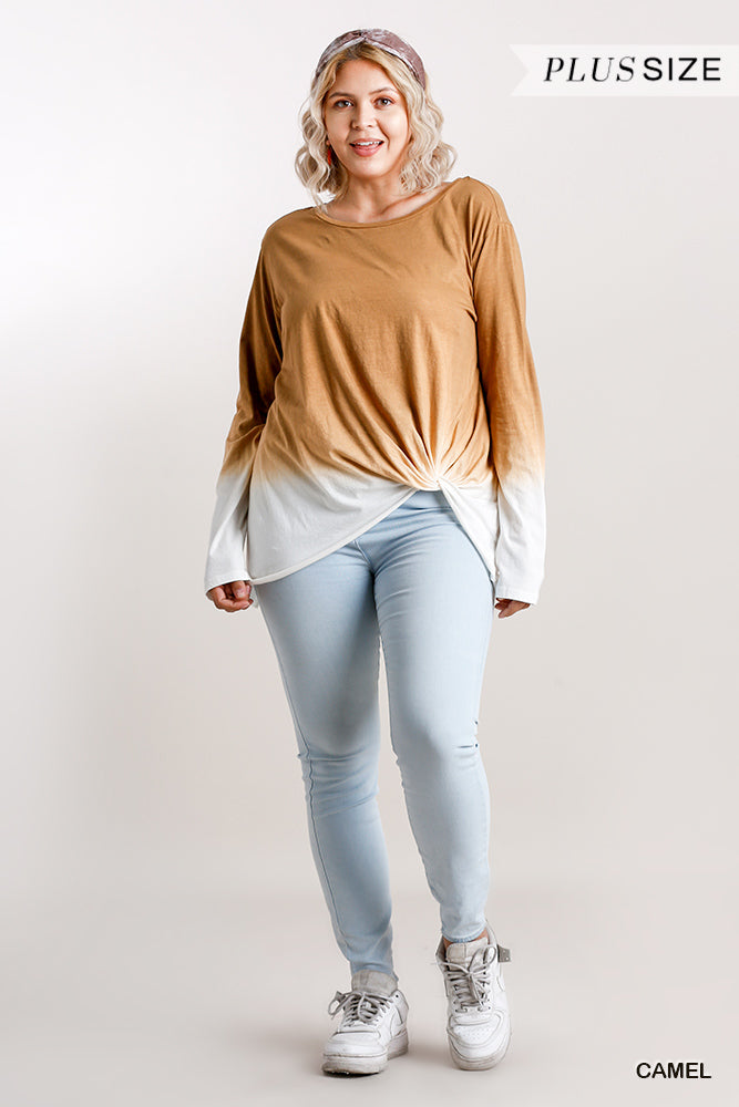 Ombre Print Long Sleeve Top With Gathered Front Detail And Raw Hem