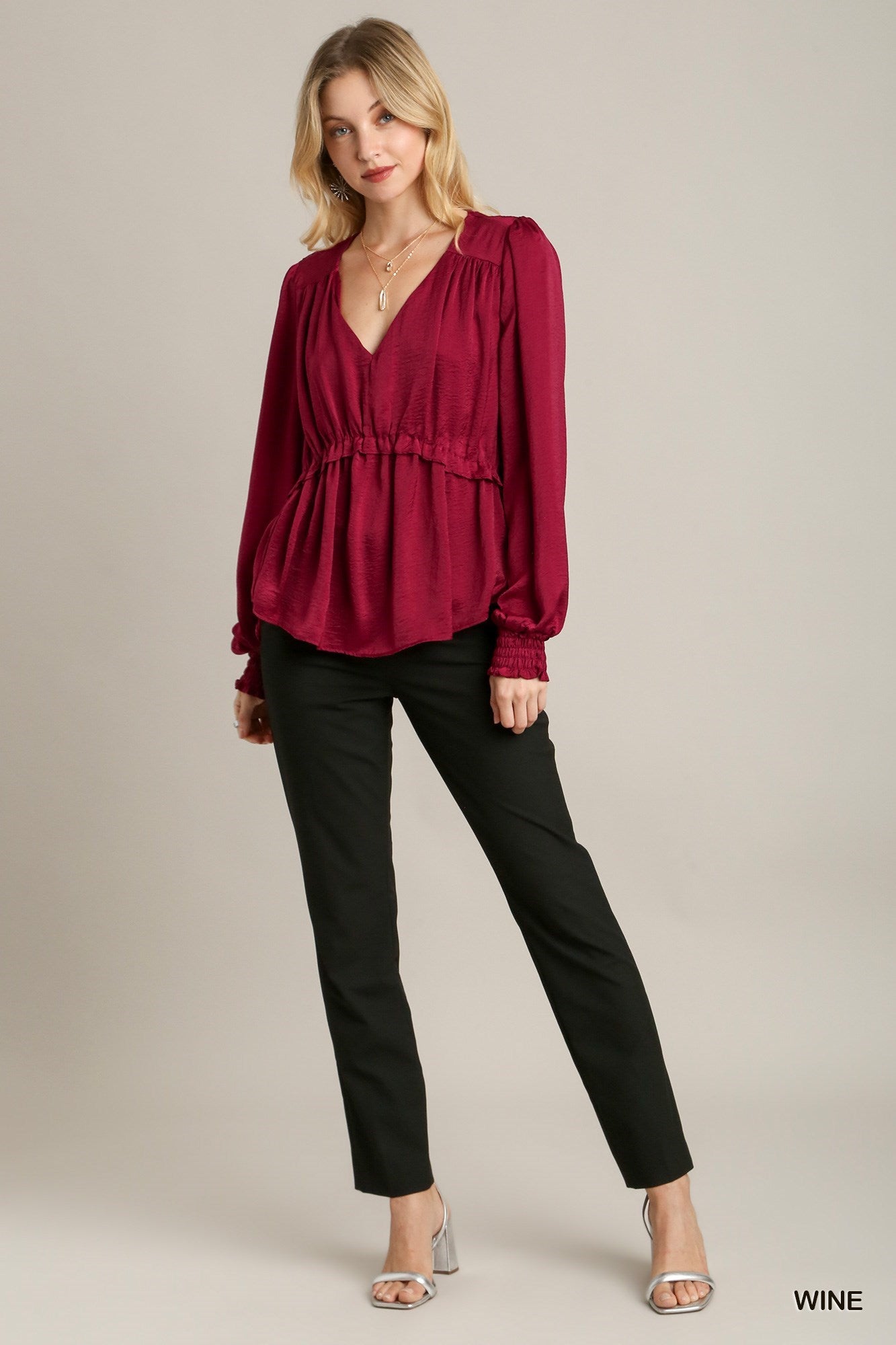 Satin V-neck Ruffle Baby Doll Top With Cuffed Long Sleeve